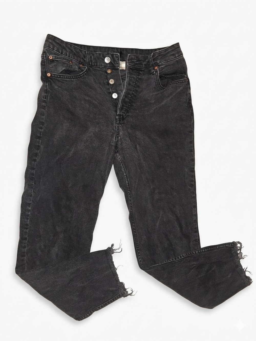 SZ 10 Divided H&M Women's Black Denim Jeans Button Fly Raw Hem Distressed